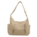 Borsa a tracolla in tela beige di grande capacità con due tasche a zip e tracolla regolabile - Cachi