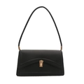 Bolso de hombro minimalista en cuero negro con cierre dorado y solapa ondulada - Negro