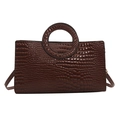 Dark brown crocodile embossed shoulder bag with unique circular ring top handle - Brown
