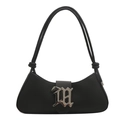 Minimalist black leather baguette bag with silver M buckle and knotted shoulder strap - Black