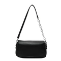Minimalist black PU leather rectangular crossbody bag with silver chain strap on white background - Black