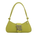 Minimalist grass green baguette shoulder bag with silver M buckle and knot strap detail - Green