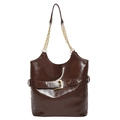 Bolso tote marrón oscuro brillante con hebilla de cinturón y correa de cadena dorada - Marrón