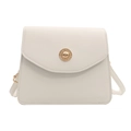 Minimalist white flap shoulder bag with round golden metallic buckle in high quality PU leather - White