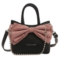 Minimalist shoulder bag with pink bow, silver chain, and top handle in black faux leather - Black