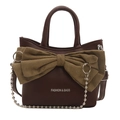 Brown handbag with a large olive green velvet bow and silver beaded chain strap - Brown