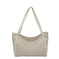 Große cremefarbene Stroh-Tote-Bag mit braunen PU-Ledergriffen für Damen im Sommer - Gebrochenes Weiß