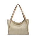 Stroh-Stofftasche mit braunen Lederriemen für Sommerstrand und täglichen Gebrauch - Khaki