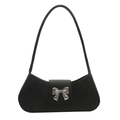 Minimalist black crescent shoulder bag with silver metal bow detail and matte texture - Black