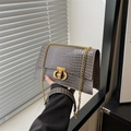 Grey crocodile embossed chain shoulder bag with gold hardware and flap closure - Metal Rotation Buckle Style / Gray