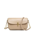 Beige minimalist PU leather crossbody bag with gold metal clasp and chain strap - Khaki