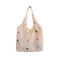 Sac cabas beige avec broderies florales colorées et tissu texturé pour femme - Fleur