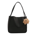 Fashionable black faux leather bucket bag with a cute plush charm accessory - With Pendant / Black