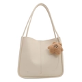 Chic beige PU leather tote bag with a brown plush star charm for 2025 summer commute - With Pendant / White