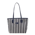 Grande borsa tote in tela a righe con manici in pelle blu scuro e design minimalista - Blu