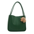 Dark green large capacity tote bag with bear charm and retro leather texture - With Pendant / Green