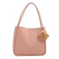 Pink faux leather tote bag with cute brown plush bear charm and u-shaped stitching - With Pendant / Pink