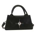 Minimalist black trapezoid leather handbag with silver star buckle and dual handles - Black