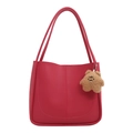 Grand sac cabas vintage bordeaux en cuir mat avec un pendentif ours en peluche mignon - Rose rose