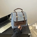 Retro light blue denim and brown leather mini backpack with gold rivets and handle - Blue