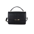 Fashionable black crocodile embossed handbag with gold accents and detachable strap - Black