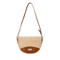 Contrast woven saddle bag with brown leather trim and silver metal buckle on white background - Khaki