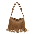 Vintage καφέ τσάντα hobo με κρόσσια, υφή litchi και πλεγμένο λουράκι ώμου - Καφέ