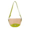 Contrast woven straw crossbody bag with bright green leather trim and silver metal buckle - Green