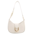 Minimalist white crescent shoulder bag featuring a prominent gold D-shaped metal buckle - White