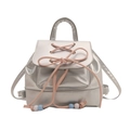 Silberner Mini-Rucksack aus Metallic-Leder mit rosa Schleife und Perlen in Frontalansicht - Silber