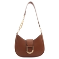 Chic brown crescent saddle bag with gold chain strap and D-ring buckle on white background - Brown