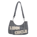 Borsa hobo a mezzaluna in tela grigia con lettere LINN CIRCLE ricamate e catena - Blu