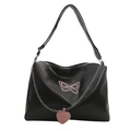 Große schwarze Shopper-Tasche mit rosa Schmetterlingsstickerei und silberner Herzkette - Schwarz