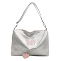 Silberne Metallic-Schultertasche mit rosa Schmetterlingsstickerei und Herzanhänger - Silber