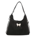 Schwarze Wildleder-Schultertasche mit modernem weißem Schleifen-Dekor und Metallketten - Schwarz