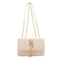 Chic beige quilted crossbody bag with golden chain tassel and metal letter buckle - White