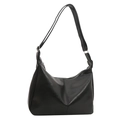 Minimalist black leather tote bag with V-shaped stitching and adjustable strap - With Ornament / Black