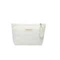 Creamy white canvas makeup bag with heart embossed texture and pearl wristlet strap - White