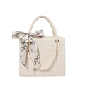 Quilted beige top handle bag with chain strap and decorative silk scarf accessory - Off White