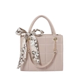 Beige quilted handbag with elegant gold hardware and decorative silk scarf handles - Khaki