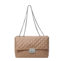 Beige quilted chain crossbody bag with classic diamond stitching and silver clasp - Khaki
