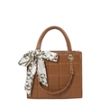 Brown quilted PU leather handbag with gold chain and decorative silk scarf detail - Brown
