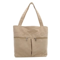 Beige corduroy tote bag with dual zipper pockets and wide shoulder strap - Khaki