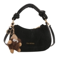 Sac à main croissant noir avec poignée nouée et breloque petit monstre en peluche marron - Avec Pendentif / Noir