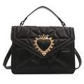 Vintage black quilted crossbody bag with golden sacred heart crown metal buckle - Black