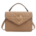 Quilted beige shoulder bag with golden heart crown clasp and stylish top handle design - Khaki