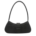Minimalistische schwarze gesteppte Baguette-Schultertasche mit geometrischer Naht und Schnalle - Schwarz