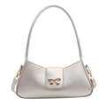 Silver metallic crescent underarm bag with a gold bow buckle on a white background - Silver