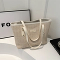 Chic cream straw tote bag with white leather trim and large capacity for women's daily commute - White
