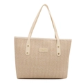 Bolso tote de paja tejida color caqui claro con correas de cuero crema y remaches metálicos - Blanco